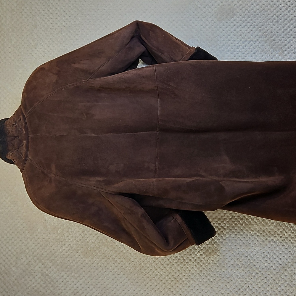 Chocolate Brown Suede Shearling Women's Coat Knee Length VTG Sz 6 Luxurious - Picture 6 of 11